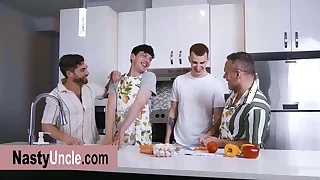 Sexy DILF roomate trying to teach me cooking but soon our friends arrived and belongings got outta hand